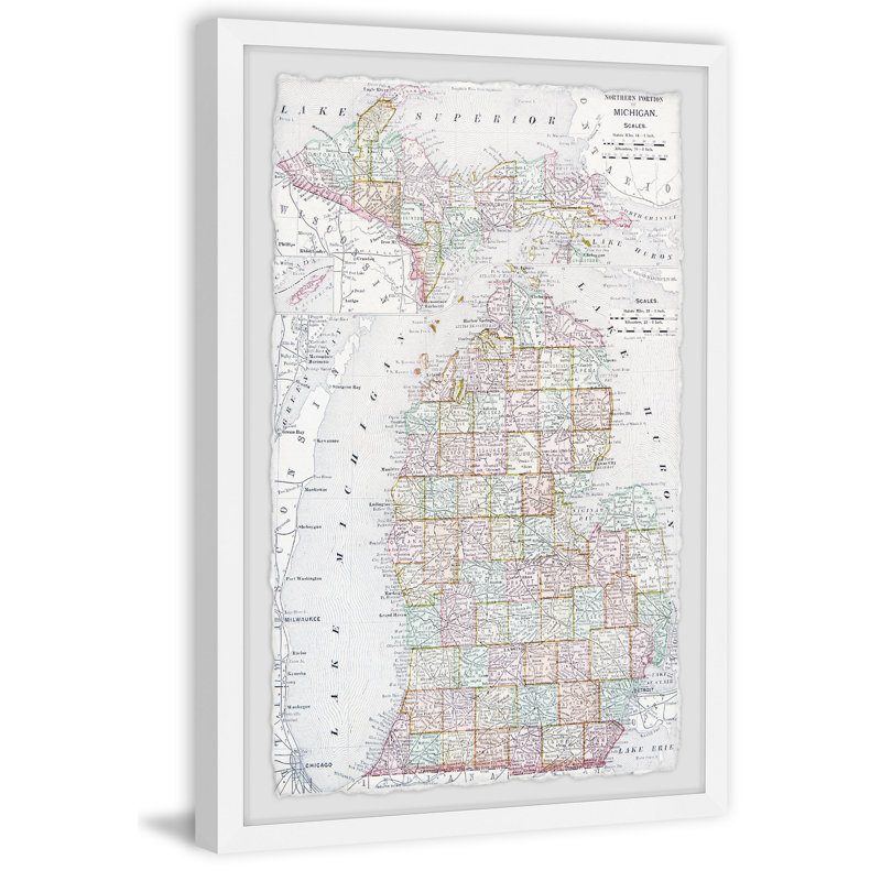 Northern Michigan Map - Reproduction d'art textuel sur papier encadré, H 12 po x l 8 po x P 1,5 po
