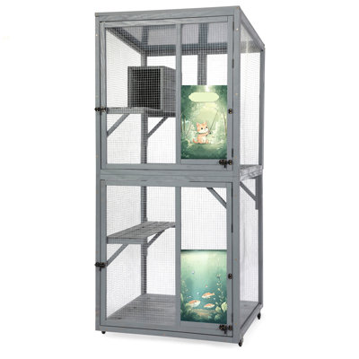 Maison pour chat de 70 pouces, abri pour chat en bois avec roues, plateformes, condo au repos, portes verrouillables, toit ensoleillé, panneaux de couleurs personnalisées, gris