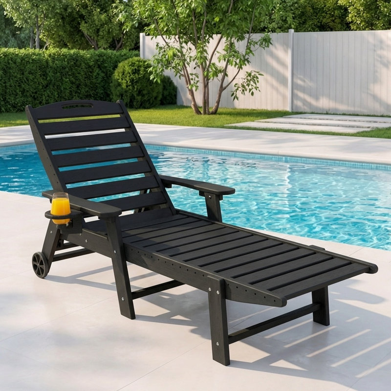 Outdoor Wood Texture Reclining Lounge Chaise With Wheels & Cup Holder, Black