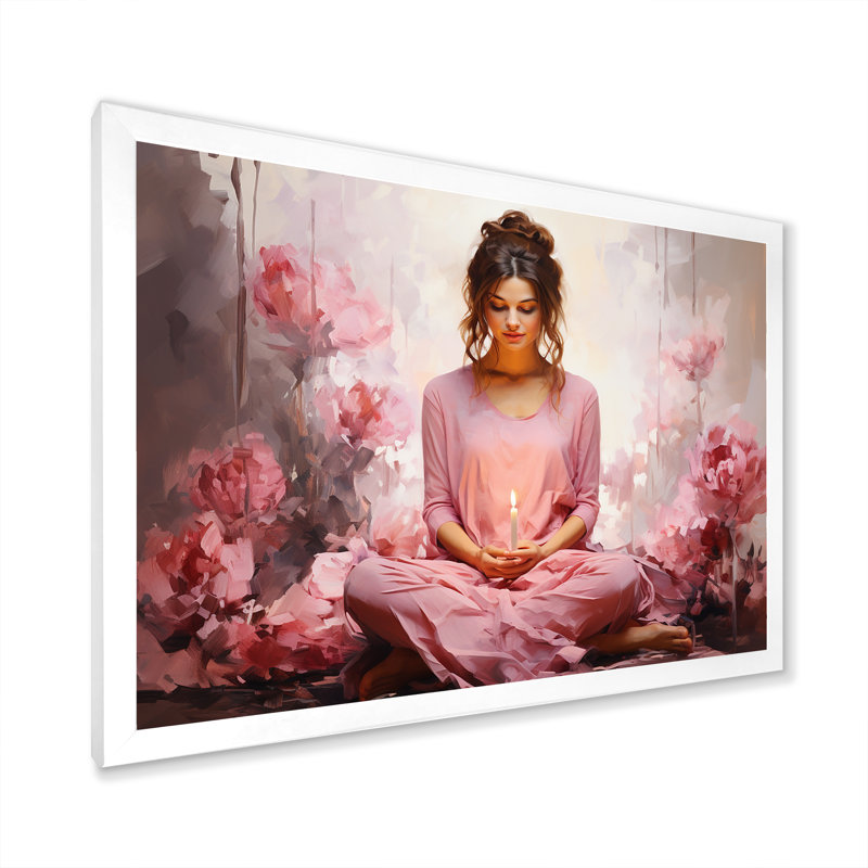 «Pink Yoga Mediation» sur impression sur toile, Cadre simple blanc, H 34 po x l 44 po x P 1,5 po