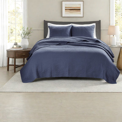 Modern Navy Cotton Bedding Sets, Twin Xl With Reversible Quilt And Shams