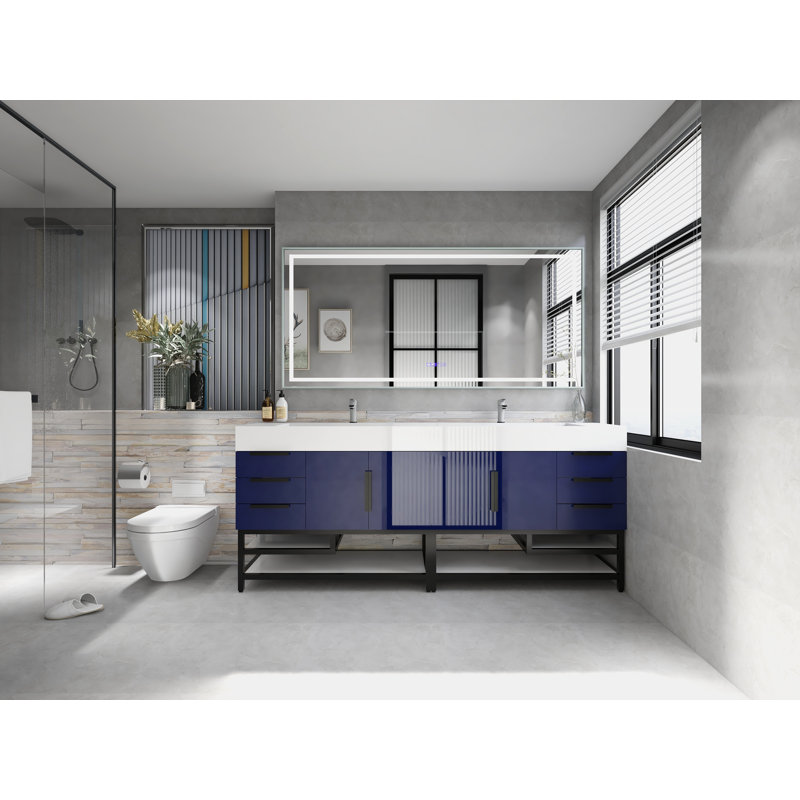 Jessica 84'' Single Bathroom Vanity with Stone Top, Navy Blue