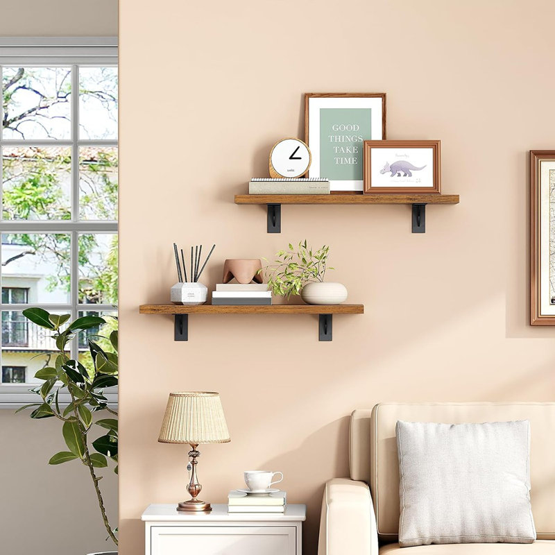 Floating Shelves For Wall, 15.4" Wall Mounted Shelves Set Of 2, Hanging Storage Shelf With Metal Brackets, Wooden Shelf For Living Room, Bedroom, Bathroom, Rustic Brown And Black