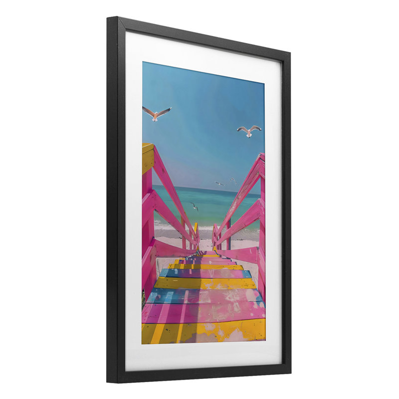 «Retro Pink Beach Stairs», reproduction encadrée sous verre, design par LSR Design Studio, H 20 po x l 14 po
