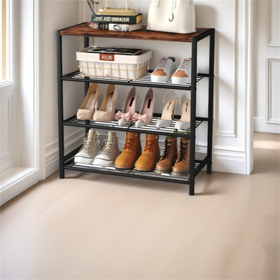 Range-chaussures, range-chaussures à 4 couches pour l'entrée de la garde-robe, range-chaussures étroit et mince en métal avec toit en bois industriel