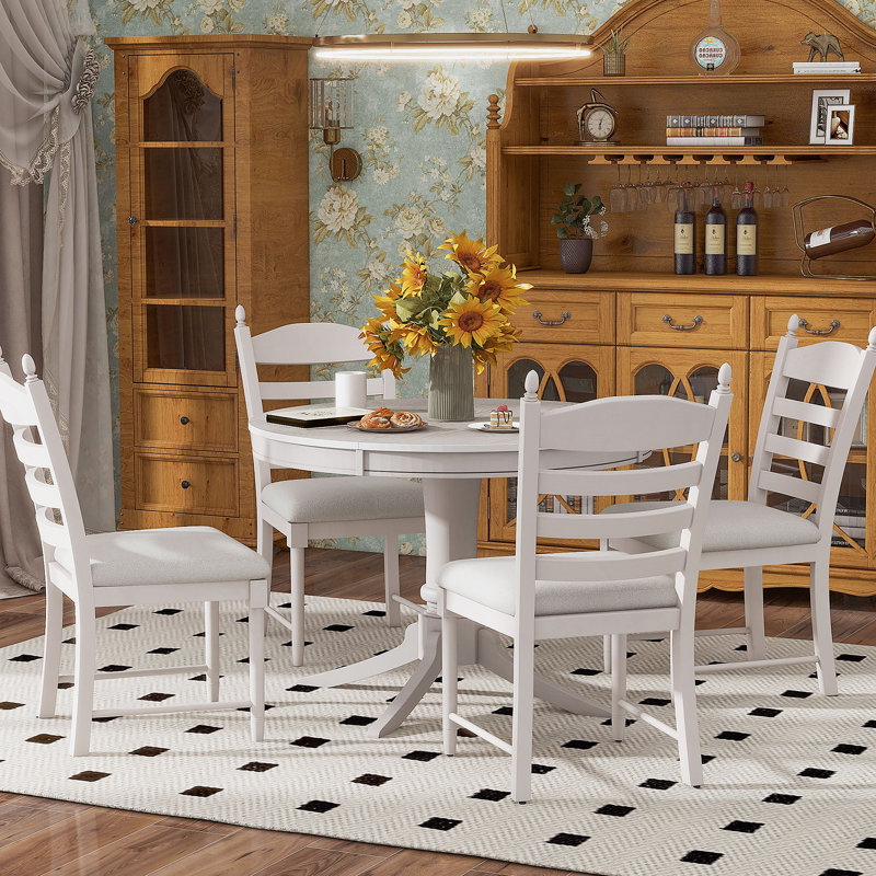 Ensemble de table de salle à manger extensible 5 pièces et 4 chaises rembourrées, Blanc