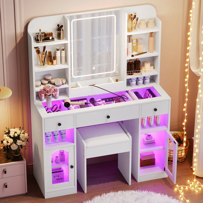 Bureau de coiffeuse 43,2 "avec miroir DEL et lumières, Blanc