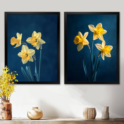 Jonquilles mélancoliques contrastantes I - Ensemble de 2 toiles décoratives Jonquilles