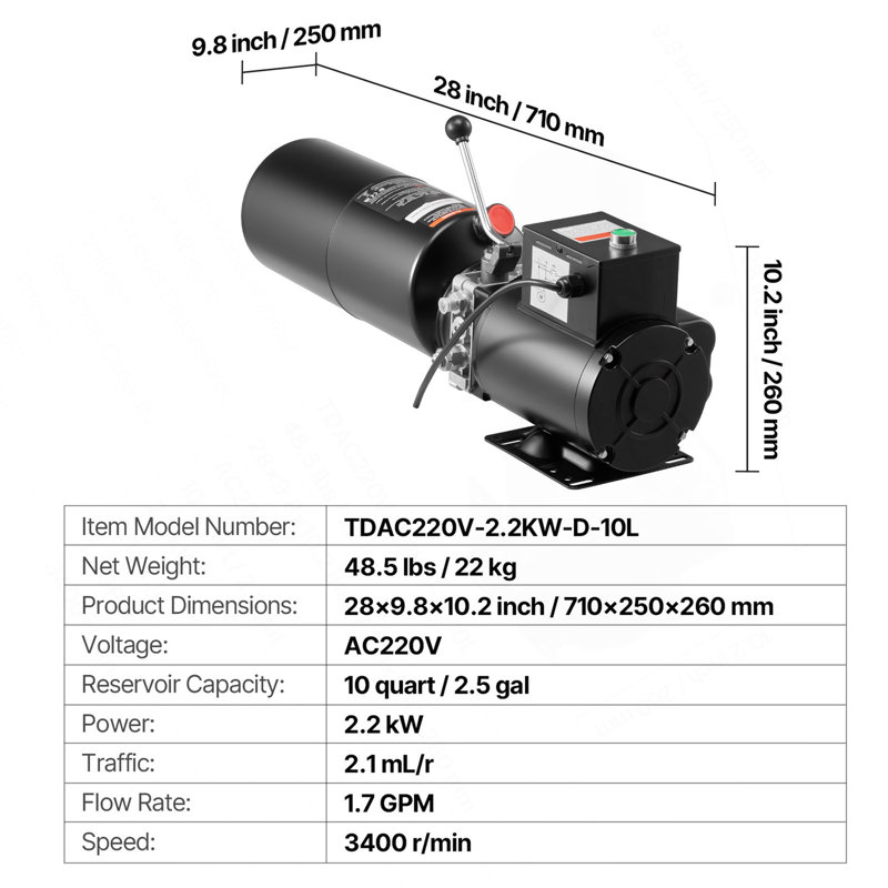 Hydraulic Pump Power Unit, AC 220V, 10 Quart Single Acting Hydraulic Unit, 6.3 L/Min Oil Flow, Max Discharge Pressure 22 Mpa For Dump Truck, Auto Repair Garage, Car Lifting Platforms, Black