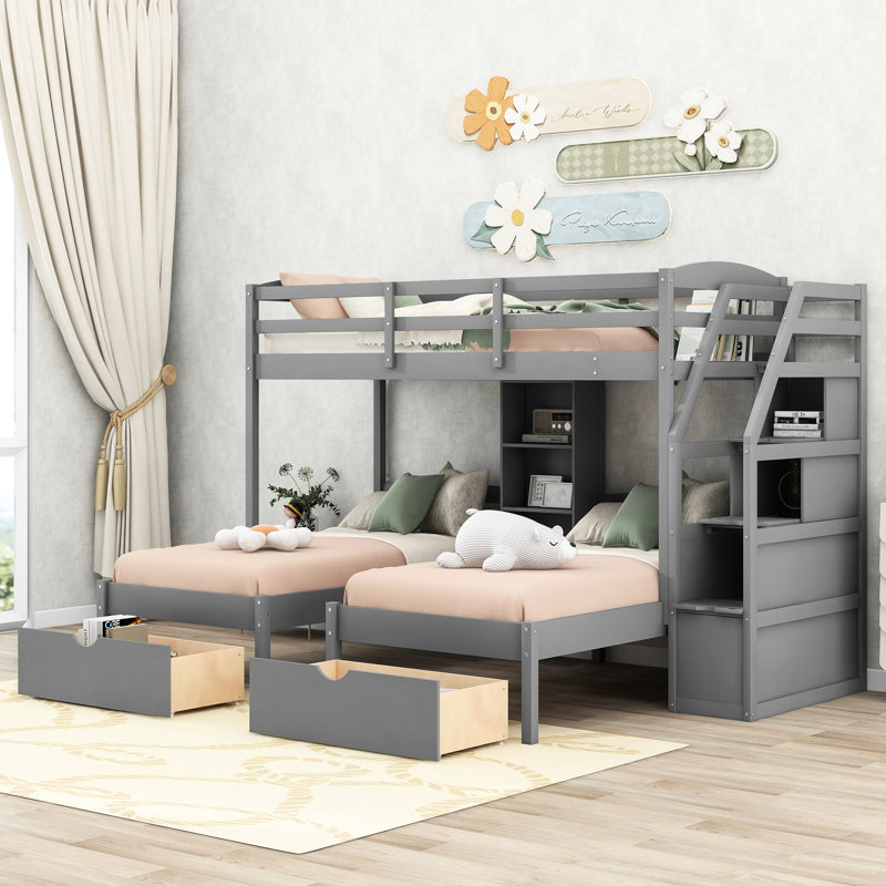 Lit superposé triple avec solutions de rangement - Transformez votre chambre à coucher en tiroir fonctionnel gris et escalier facile d'accès