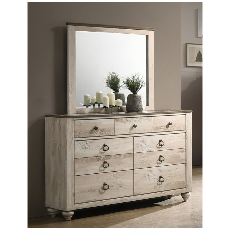 Ensemble de chambre à coucher, lit, commode, miroir, table de chevet et commode Imerland, Très grand lit