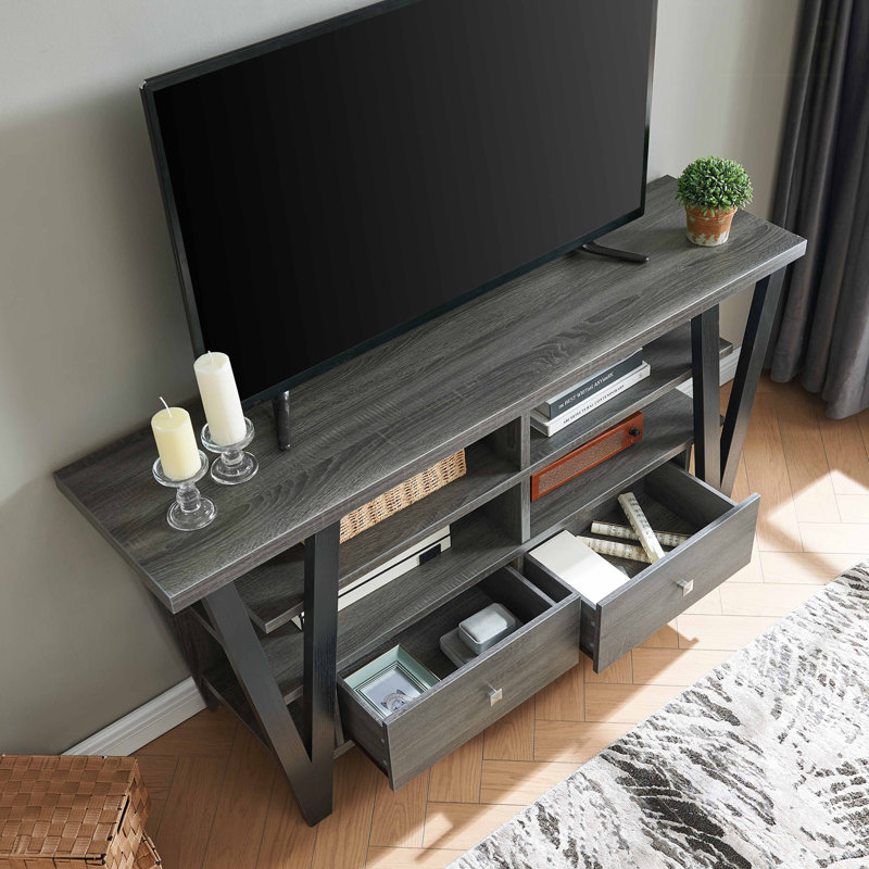 60 - 69 Inch Tv Tall Stand, 2 Drawers & Shelf , Grey Black Finish Drawer Tier And Black, Construct Stand