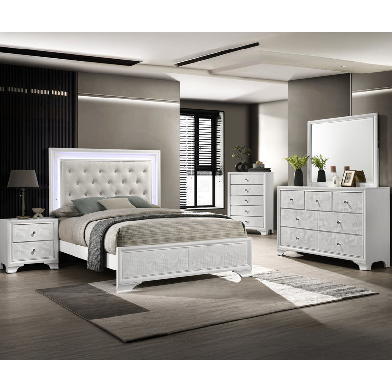 Lit à panneau double moderne pour chambre à coucher, tête de lit tapissier avec DEL intégrée, bouton, motif texturé, finition givrée et avoine