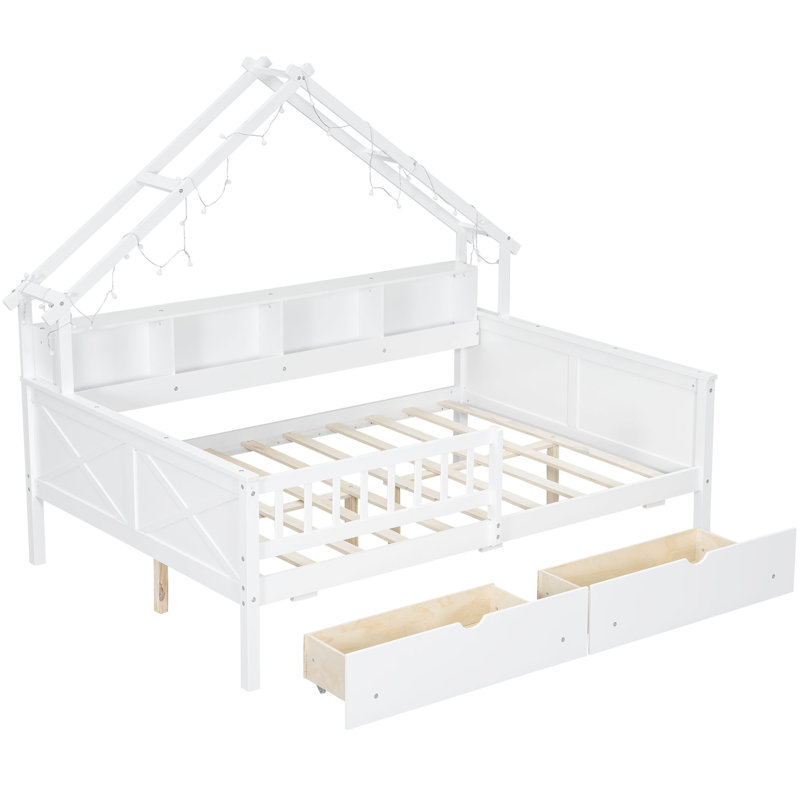 Wood Full Size Platform Bed with LED, Storage Shelves, Drawers & Guardrail – Space-Saving Bed for Kids and Adults, White