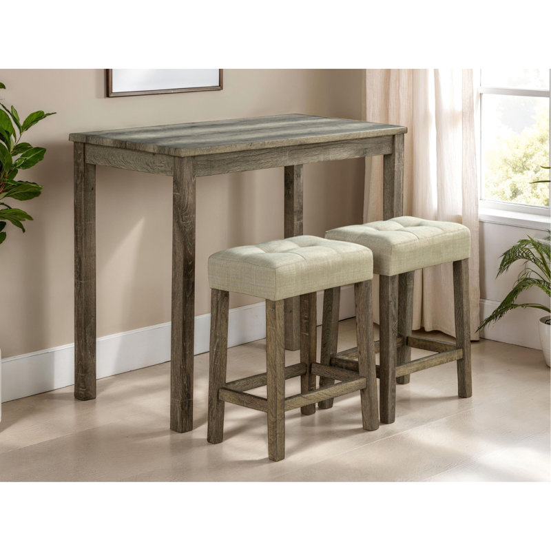 Table de salle à manger transitionnelle 3 pièces avec table en bois d'hévéa, 2 tabourets et coussins, tabourets de table brun brun de 42 po, style contemporain