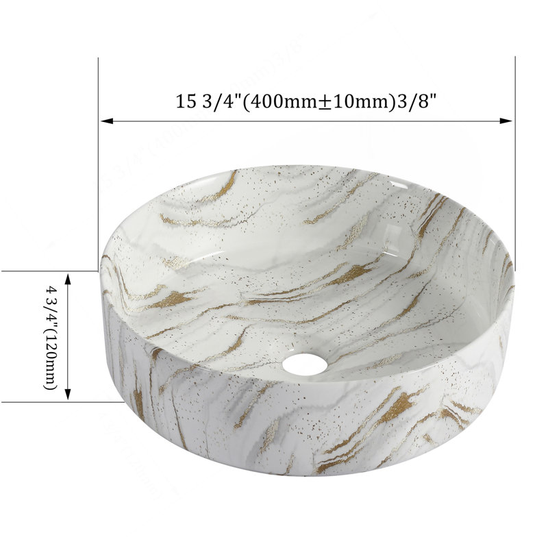 Lavabo de salle de bain rond en céramique sur fond blanc avec lignes dorées, Blanc et or