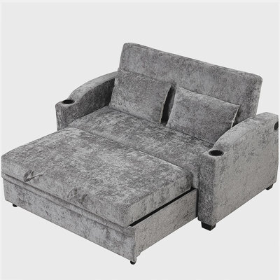 Canapé-lit convertible 61,6 po en chenille moderne avec dossier ajustable, 2 coussins, porte-gobelets, ports USB pour salon, appartement, gris-blanc