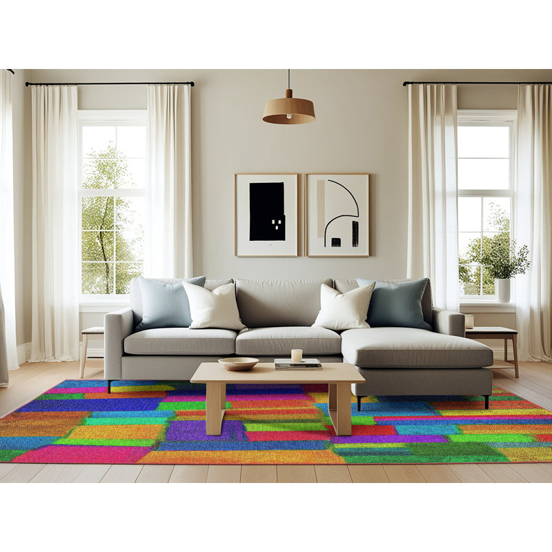 Orange abstrait/bleu/rose Tapis décoratif, Rectangle 6 pi x 9 pi