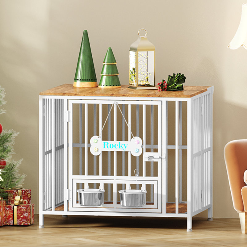 Large Foldable Dog Crate Furniture, Assembly-Free Dog Crate With Adjustable Bowls And Name Tag For Small, Medium, Large Dog
