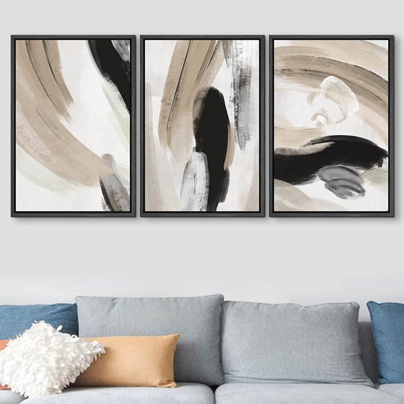 Ensemble de 3 peintures sur toile avec cadre flottant, Noir, H 36 po x l 72 po x P 1,5 po