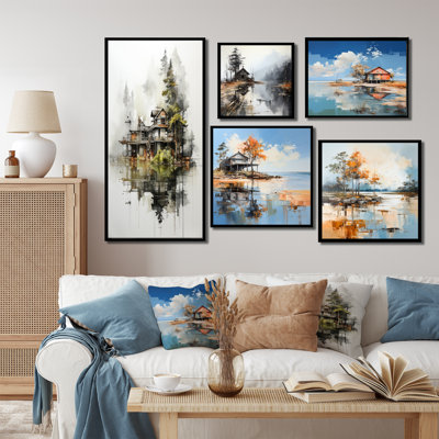 Minimalisme Moody Lakehouse Overcast - Lake River, ensemble de 5 impressions sur toile