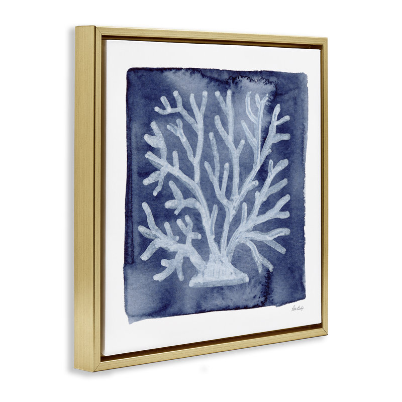 Corail blanc sur cadre flottant indigo, design par Patti Bishop, H 25 po x l 25 po, Cadre flottant métallique doré