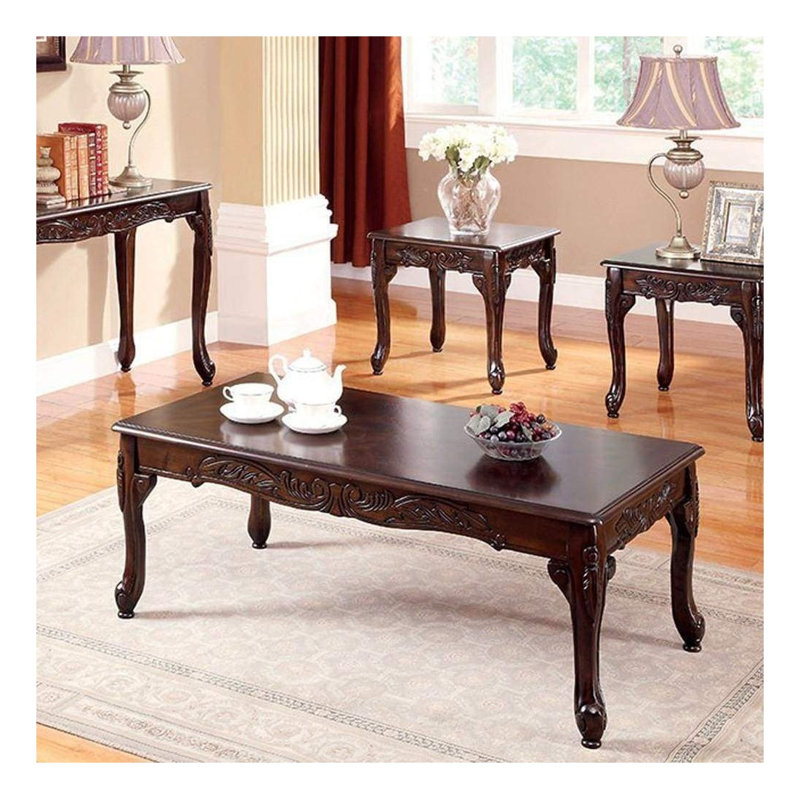 Table basse 3 pièces avec pieds en cabriole de style cerisier foncé de style traditionnel et conception complexe 1 table basse 2 tables de bout