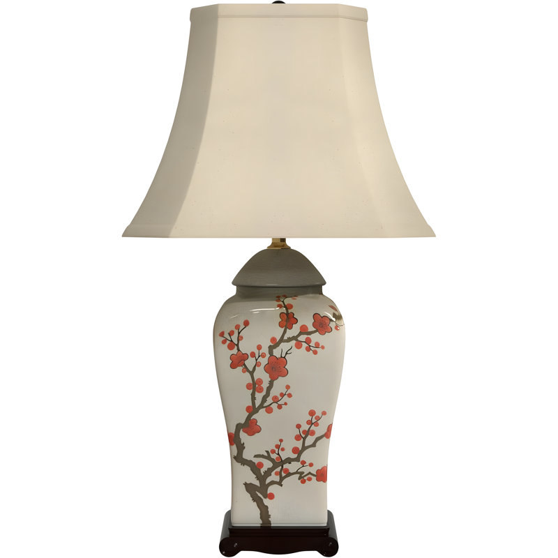 Hand-Painted Cherry Blossom Porcelain Table Lamp With Square Bell Shade And UL-Approved Wiring