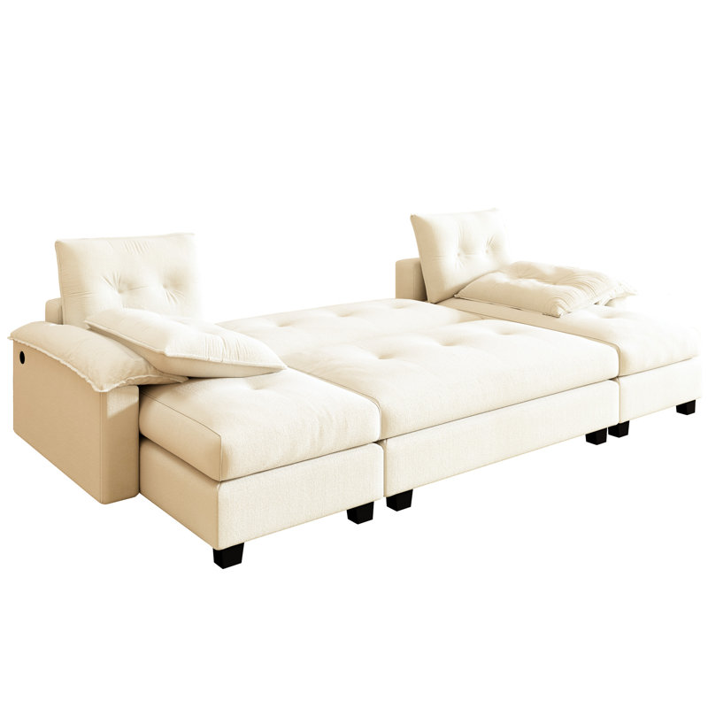 Canapé-lit en forme de U de 266 cm (104,7 po), 3 en 1, avec fonction gigogne, compartiment détachable, chargeur intégré, 4 oreillers, en chenille grise, pour appartement beige/blanc.