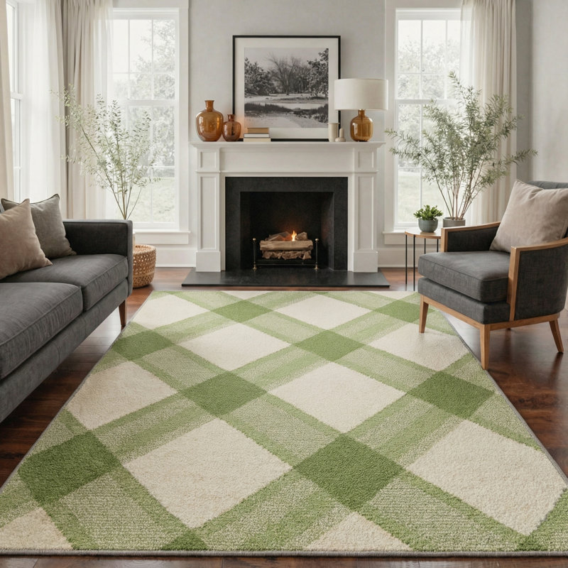 Coady Modern Diagonal Check Machine Washable Sage Indoor Area Rug With Non-Slip Backing, Rectangle 6' x 9'