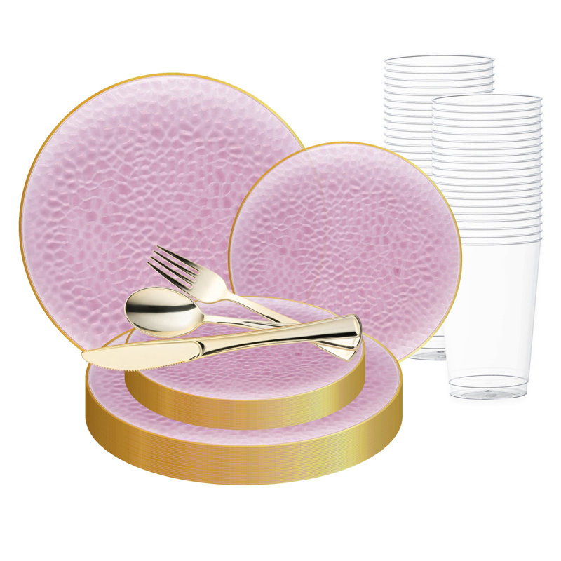 Ensemble de 60 verres martelés roses transparents à bordure dorée, jetables, en plastique, pour mariage.