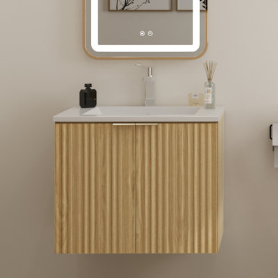 Meuble-lavabo mural moderne 24 po avec lavabo et portes flottantes texturées ondulées, couleur naturelle