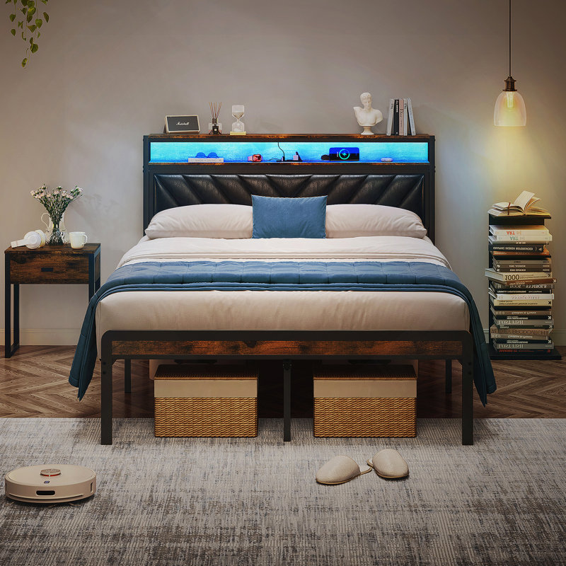 Metal Platform Bed Frame With Adjustable Upholstered Headboard And Charging Station, Full / Double, Brown