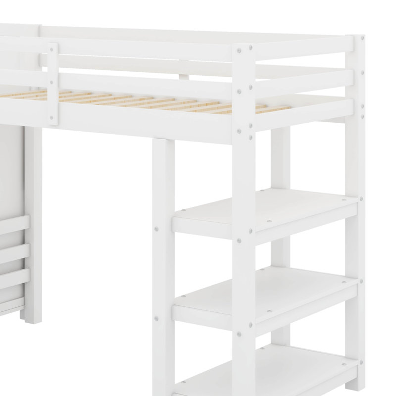Twin Size Loft Bed With Shelves, Storage Staircase, Small Wardrobe And LED Light, null