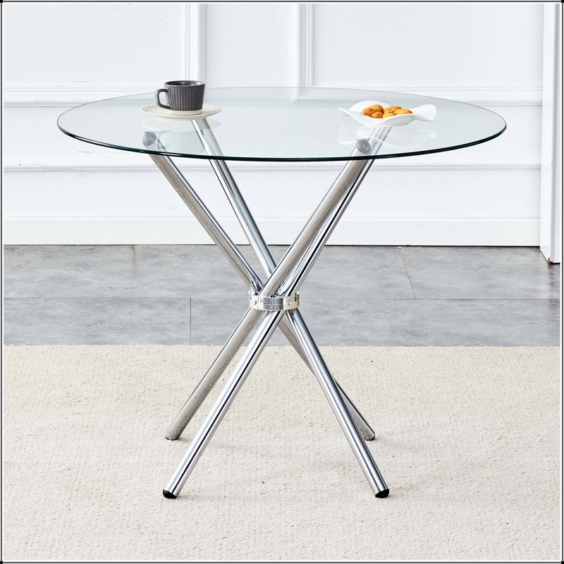Table de salle à manger ronde en verre avec pieds argentés en forme d'anneau, Transparent / Silver