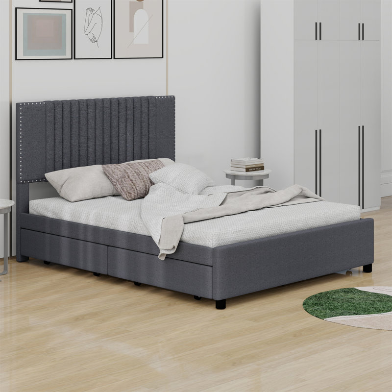 Lit plateforme tapissier avec 2 tiroirs et lit gigogne, tête de lit classique, Gris, Double