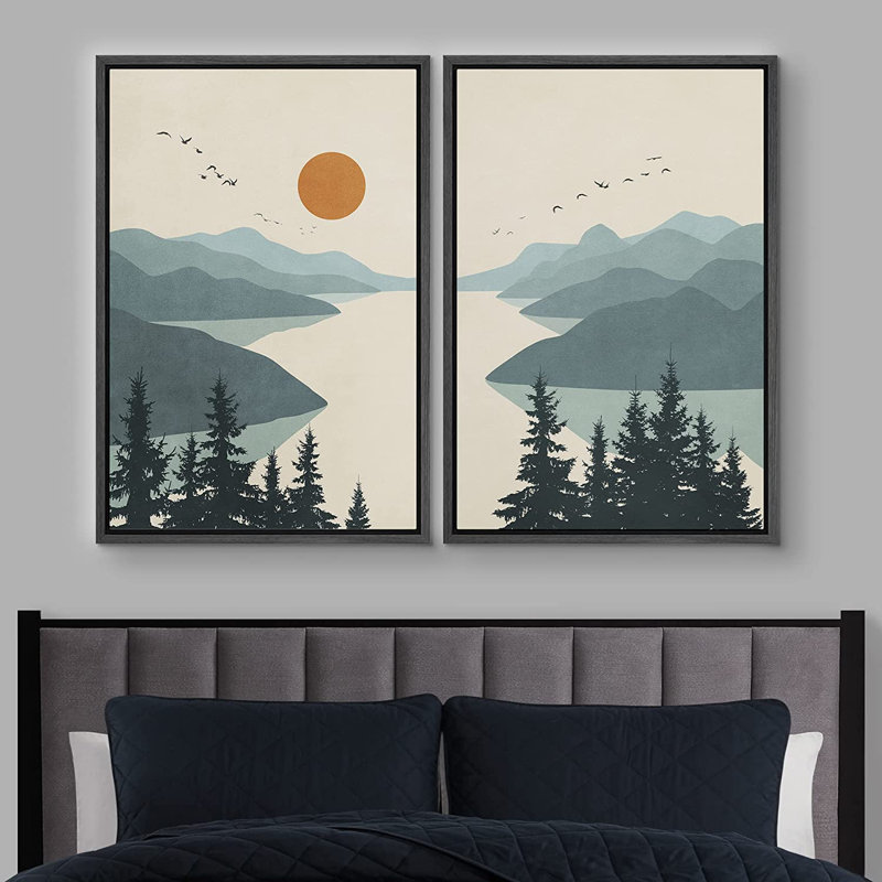 Green and Beige Framed Canvas Landscape Wall Art Set