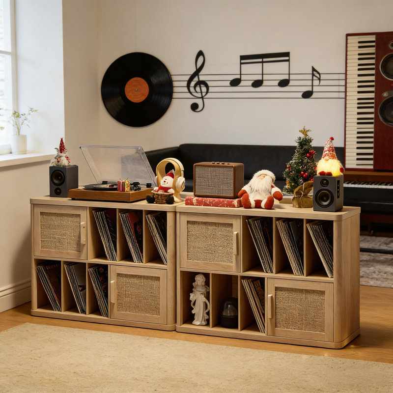 Large Boho Record Player Stand With Rattan Vinyl Storage For 450 Albums, Media Cabinet, Natural Oak