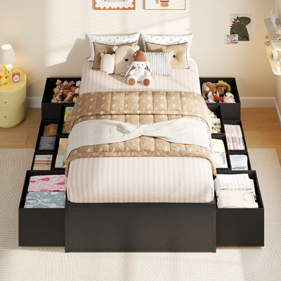 Twin Size /Full Size /Queen Size Bed Frame With 12 Storage Drawers, Metal Platform Bed With Steel Slat Support, Footboard,No Box Spring Needed, Storage Space Under Frame,Easy Assembly, Black