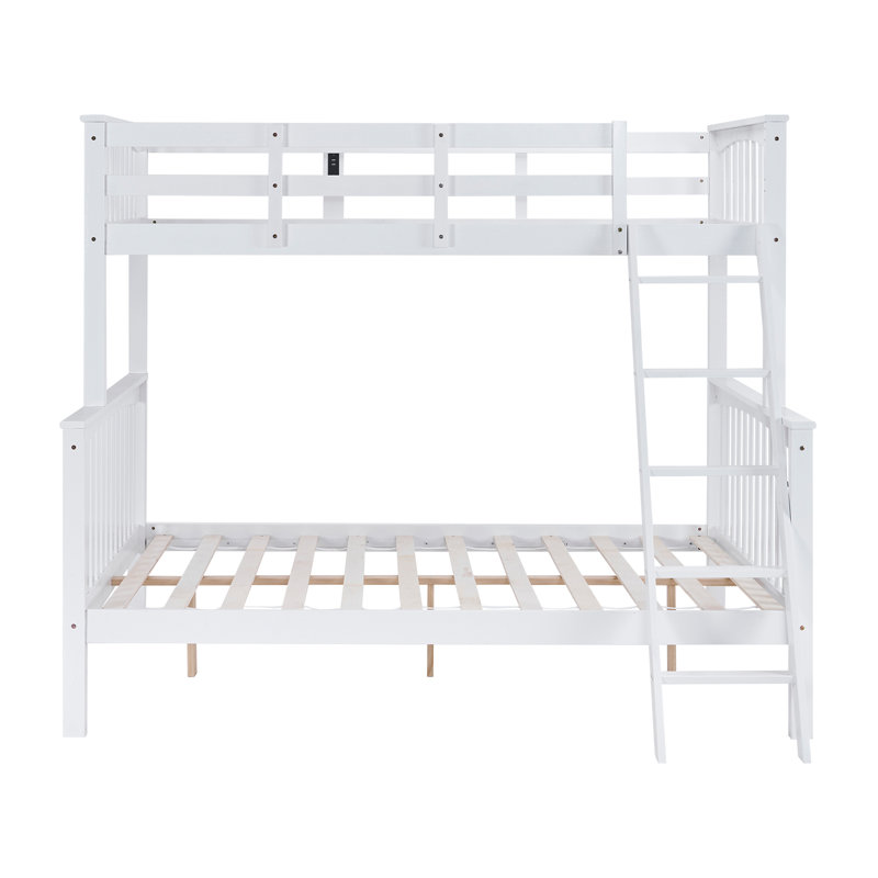 White Twin Over Full Size Bunk Bed With Guardrail, LED Light, Charging Station