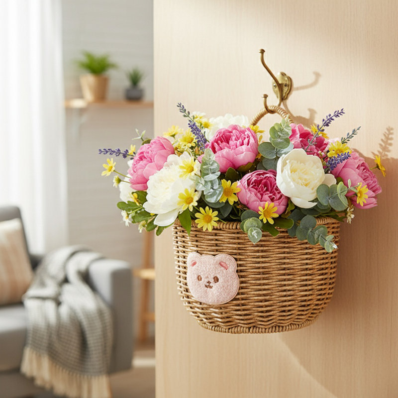 Natural Imitation Rattan Hanging Fruit Basket Retro Farmhouse Wall Hanging Basket, Handcrafted Imitation Rattan Woven Organizer For Fruit & Home Decor