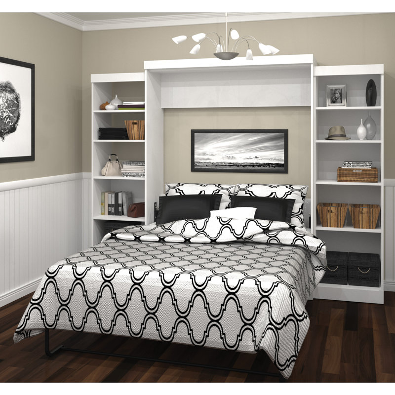 Arlex Murphy Bed and 2 Shelving Units, 115-inch Space-Saving Wall Bed with Storage, White, Queen