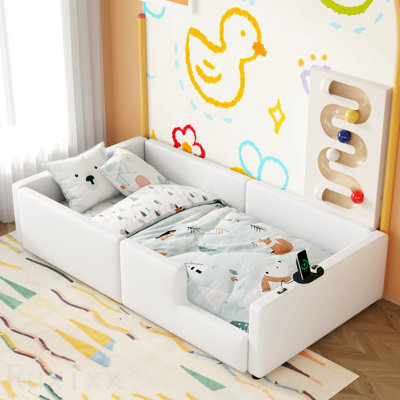Lit plateforme simple tapissier avec garde-corps et station de charge, blanc