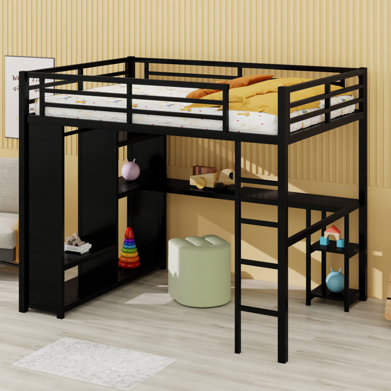 Structure de lit mezzanine en métal avec garde-robe intégrée, bureau et tablettes de rangement, Lit double, Noir