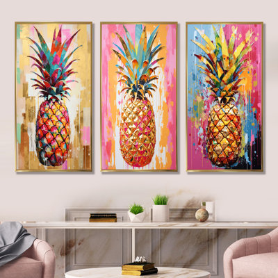 «Golden Geometric Pineapple Fruit», ensemble d'art mural sur toile 4 fruits