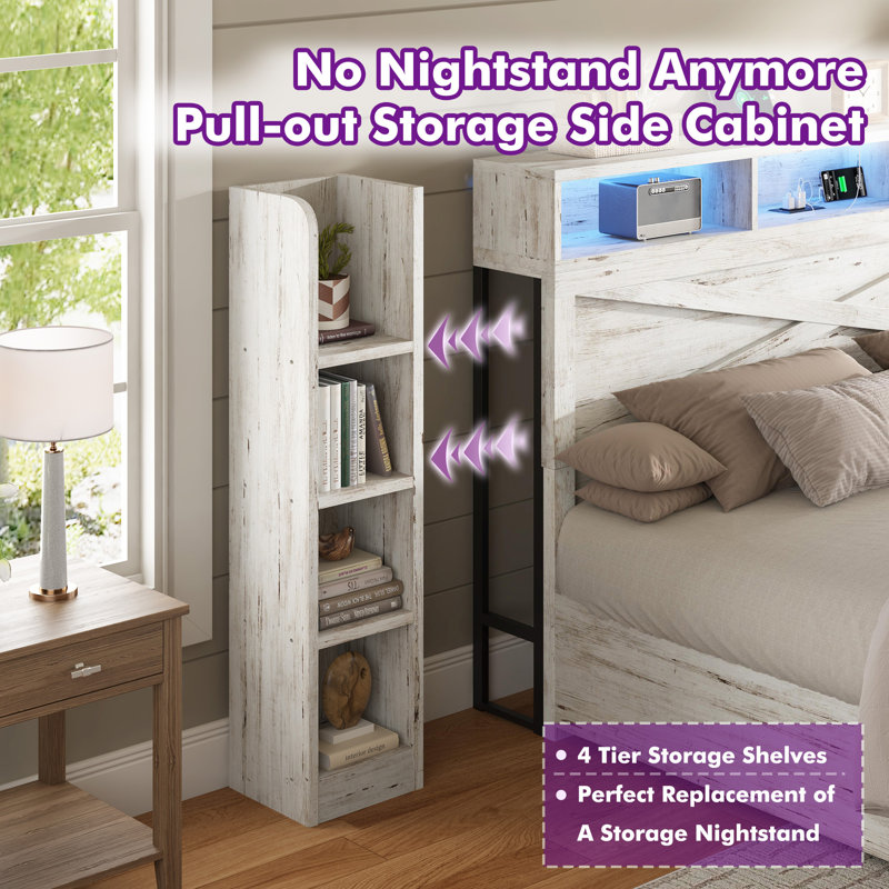 Shila 45.3" Platform Bed Frame with 4 Metal Drawers Storage, LED Bookcase Headboard & 2 Side Shelves, Queen Size, White