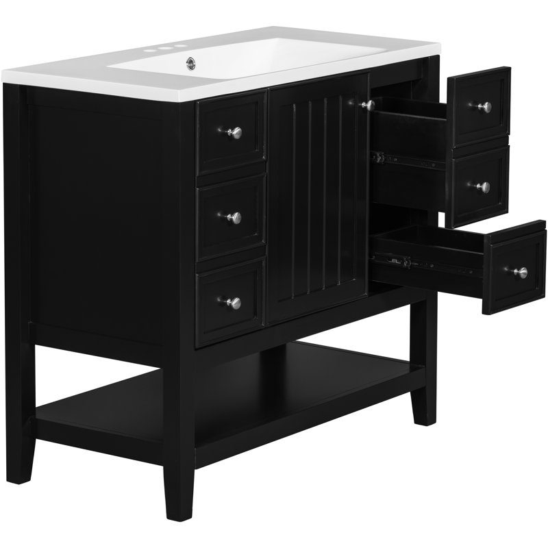 Armoire de salle de bain noire en bois massif avec meuble-lavabo 36 po avec lavabo en céramique noir