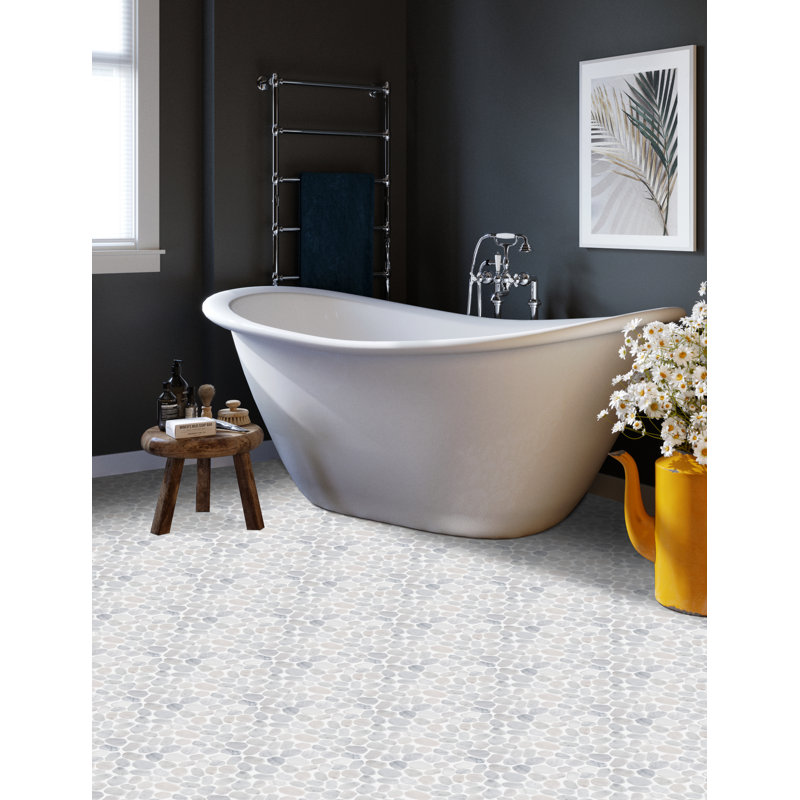 River Rock Snow Random Sized Marble Pebbles Mosaic Wall & Floor Tile, Carrara White