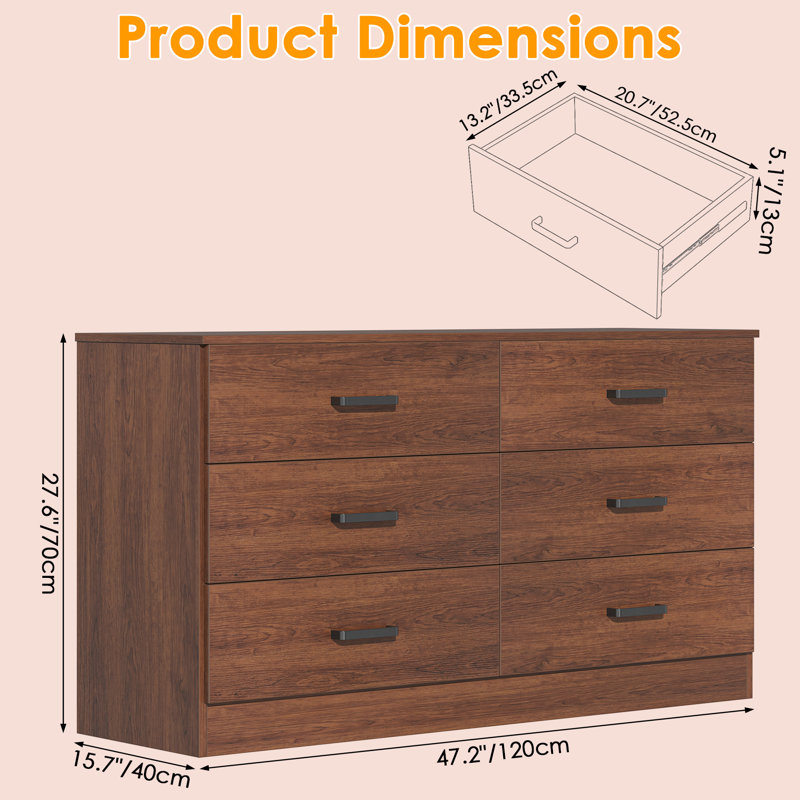 Zunair 47.2 " W Yes 6 - Drawer Dresser, Walnut Brown
