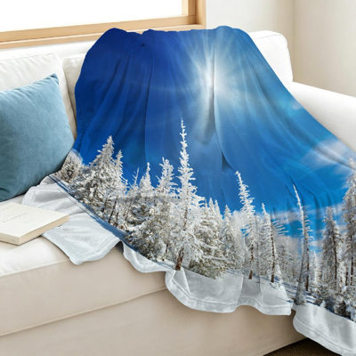 Blue Ultra Soft Flannel Fleece Throw Blanket,Winter Snow Covered Fir Single-Sided Print